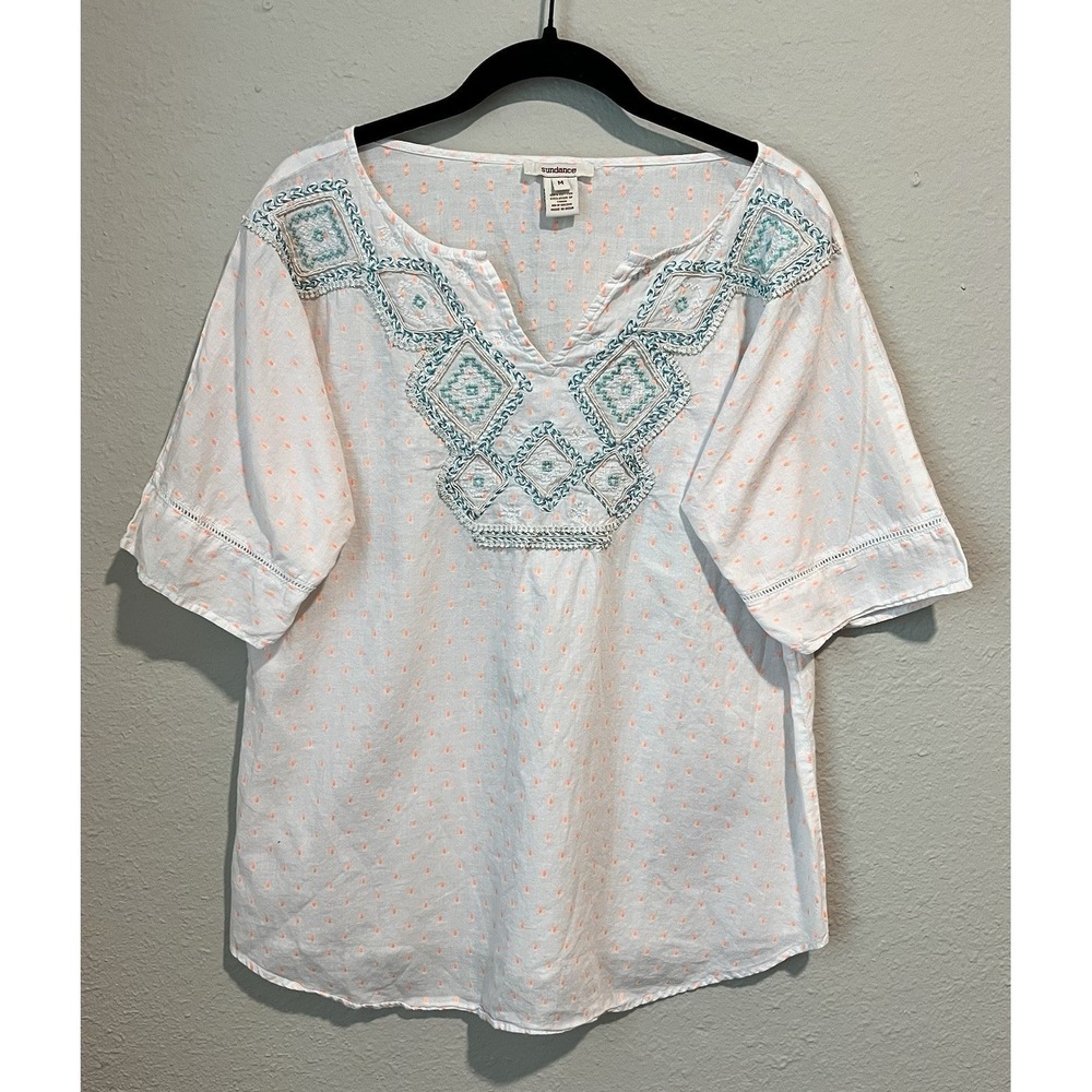 Sundance Women's Tunic Top Size M Short Sleeve Embroidered Bohemian Semi Sheer